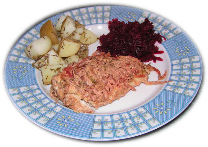 piersi marynowane w buraczkach z ziemniakmi w rozmarynie i buraczkami tartymi